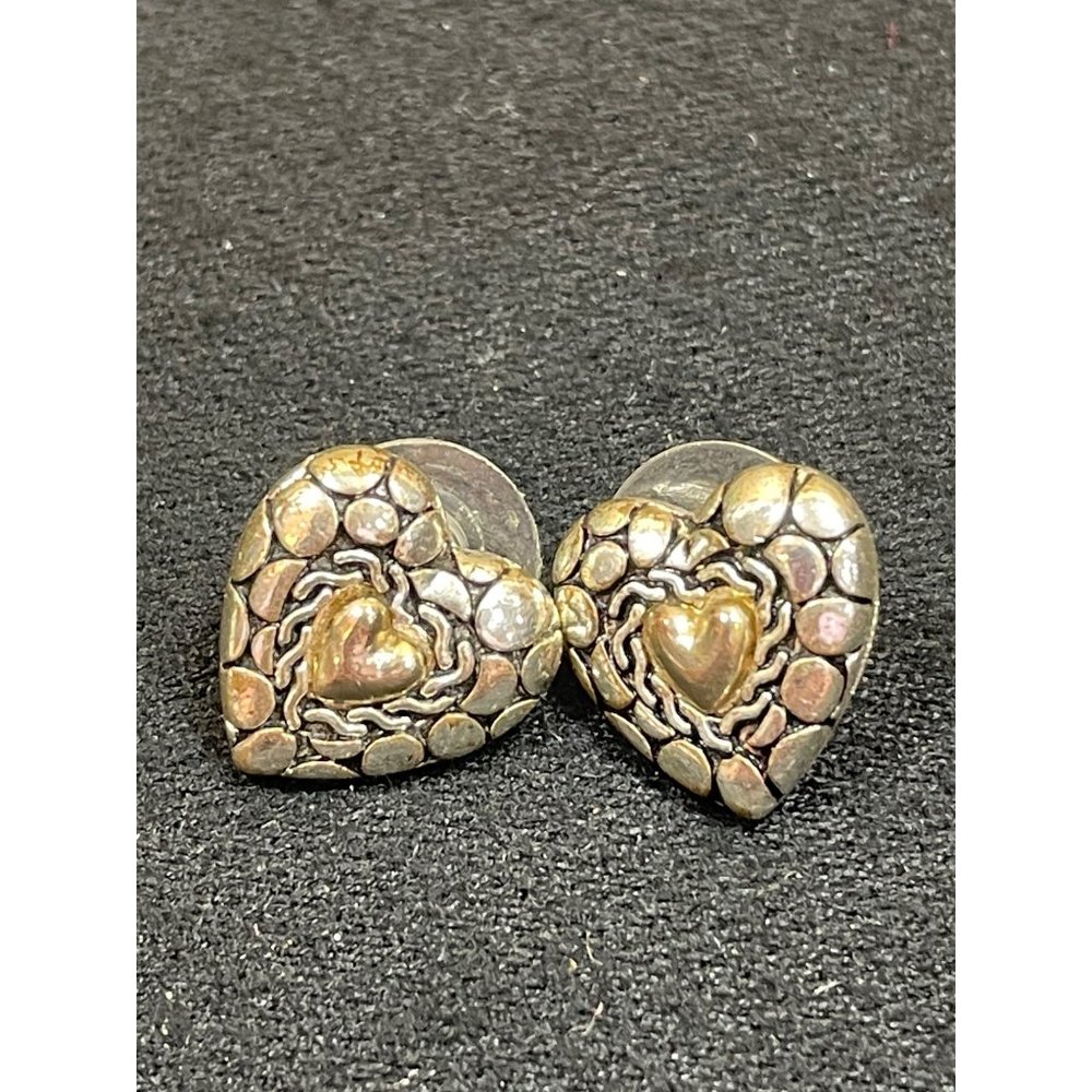 Vintage 80's Heart With In Heart Post Earrings Silver Tone